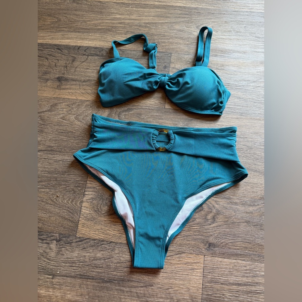 NWT- Pink Lily- Blue Ribbed Bikini- Size Large